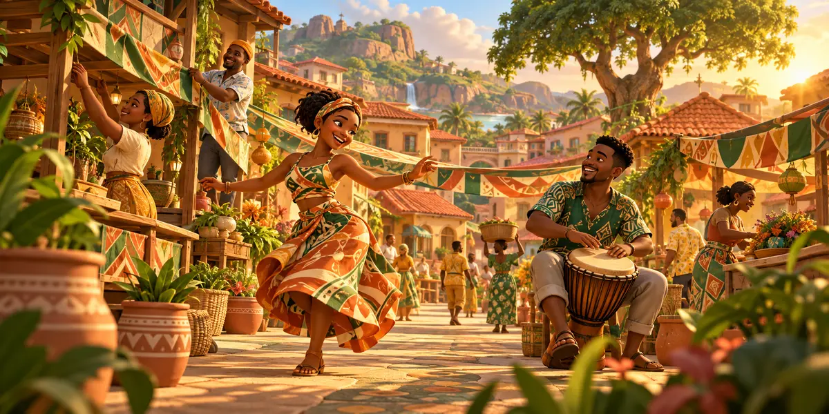 Original game concept art of fictional neighbors decorating a colorful village square, dancing, and playing a drum